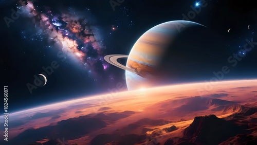 Wallpaper Mural Vibrant Alien Planet Landscape with Rings and Colorful Cosmic Skies Torontodigital.ca