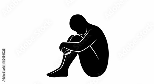 Black silhouette of a sad person sitting in a fetal position.