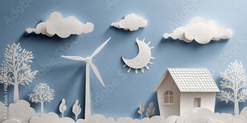 Creative paper art landscape with a wind turbine, a house, trees, and clouds set against a blue background