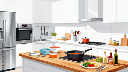 This vibrant kitchen illustration features wooden cabinets, stainless steel appliances, various utensils, and colorful cookware, creating an organized and functional space ready for cooking 