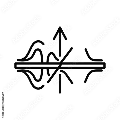 Abstract black and white icon representing a filtered or blocked signal, wave, or energy flow with an upward arrow