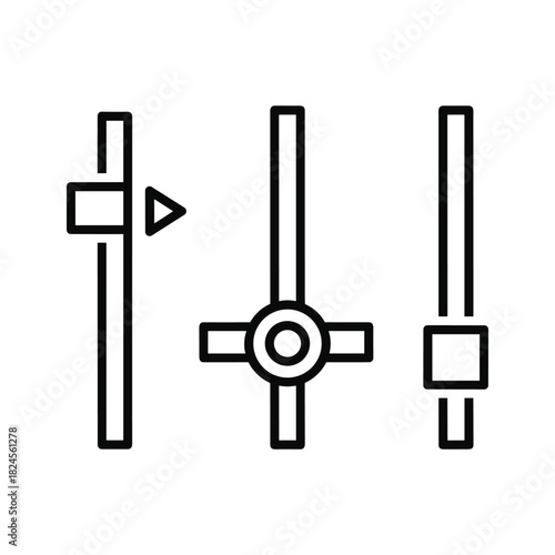 Line art icon of three vertical faders or sliders for audio mixing, sound adjustment, and control settings