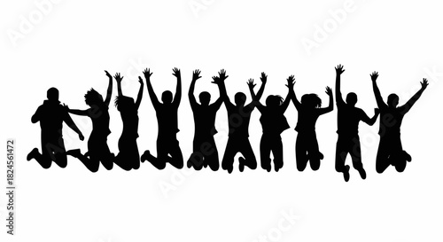 Joyful group of people jumping in the air with raised arms celebrating success.