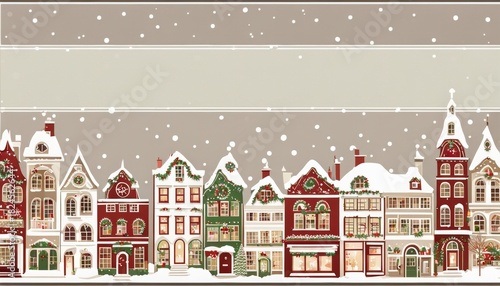 Illustration of Quaint European Townhouses Decorated for Christmas with Falling Snow and Copy Space Banner