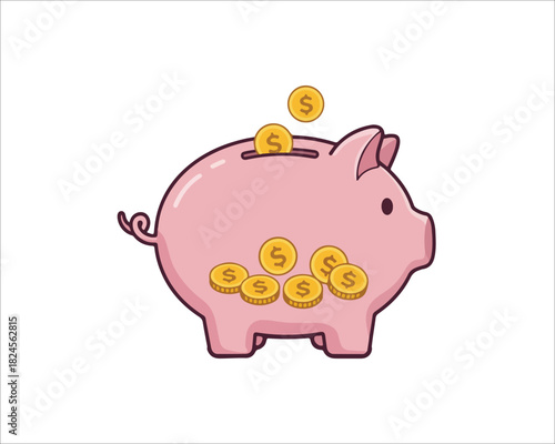 Piggy bank full of gold coins cartoon style vector illustration
