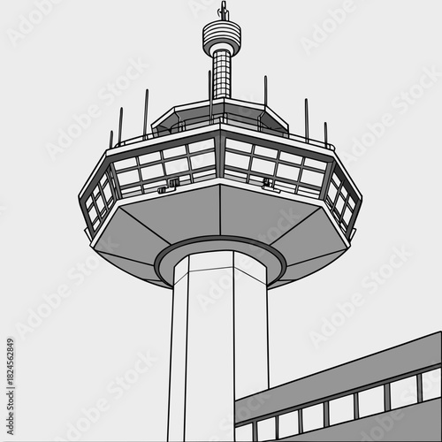 Modern airport control tower with large windows and antenna array aviation communication