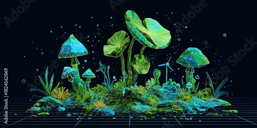 Colorful geometric representation of mushrooms and plants in a digital forest setting with a dark background