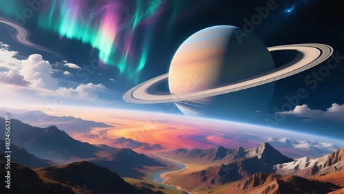 Wallpaper Mural Vibrant Alien Planet Landscape with Rings and Colorful Cosmic Skies Torontodigital.ca