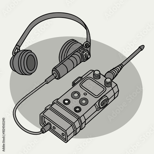 Gray scale illustration of a handheld radio and headset on a light background transceiver