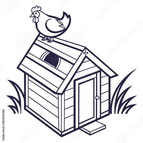 Line Art Drawing of a Chicken Perched on a Small Wooden Coop hen house farm