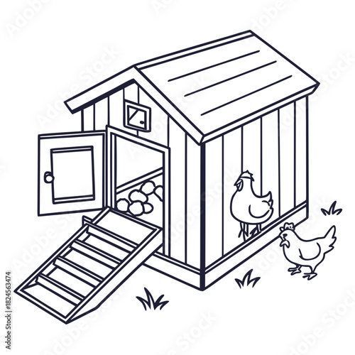 Line Art Illustration of a Chicken Coop with Chickens and Eggs hen house poultry