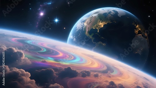 Wallpaper Mural Vibrant Alien Planet Landscape with Rings and Colorful Cosmic Skies Torontodigital.ca