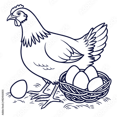 Hen Standing Beside a Basket of Eggs and a Single Egg chicken