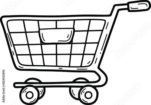 Doodle shopping cart icon, hand-drawn solid black on white, wobbly wheels, quick retail sketchDoodle shopping cart icon, hand-drawn solid black on white, wobbly wheels, quick retail sketch