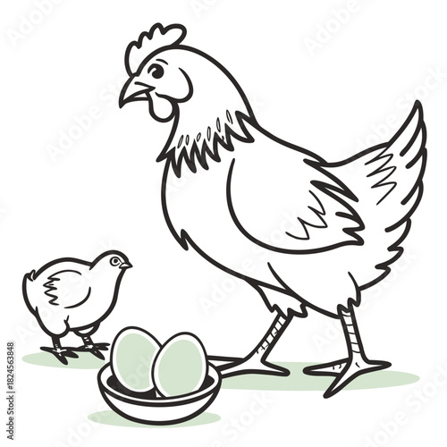Hen with Chick and Two Eggs in a Bowl chicken baby bird