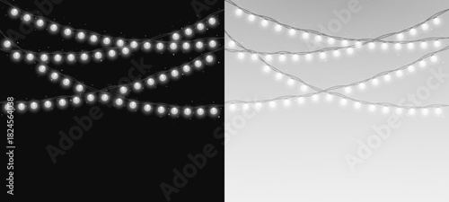 Festive banner with glowing bulbs and sparkling garland. Bright string lights with holiday sparkle and decorative ribbon.