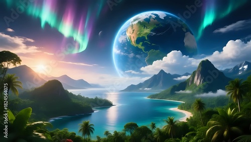 Wallpaper Mural Vibrant Alien Planet Landscape with Rings and Colorful Cosmic Skies Torontodigital.ca