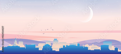 Panoramic poster of the city skyline with misty background buildings, hills sunrise, sunset and clouds of TORONTO, CANADA