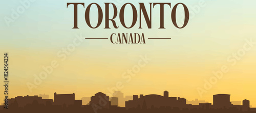 Panoramic poster of the city skyline with misty background buildings, hills sunrise, sunset and clouds of TORONTO, CANADA