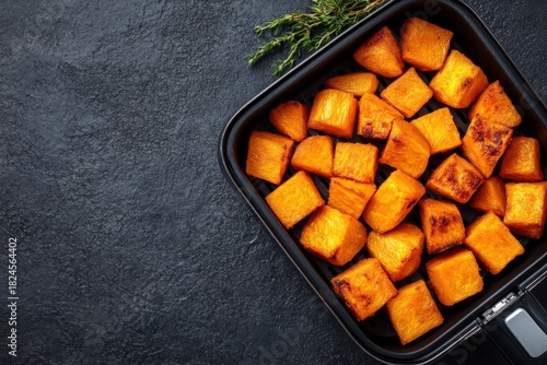 Roasted Pumpkin Cubes in Black Tray on Dark Textured Surface