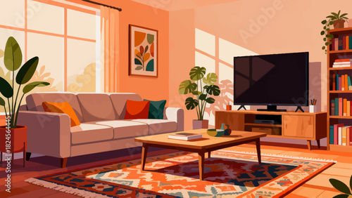 This vibrant living room illustration features a sofa, bookcase, TV, plants, and decorative elements, creating a cozy, organized, and stylish home space ideal for relaxation and leisure.