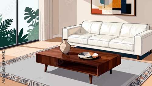 This vibrant living room illustration features a sofa, bookcase, TV, plants, and decorative elements, creating a cozy, organized, and stylish home space ideal for relaxation and leisure.