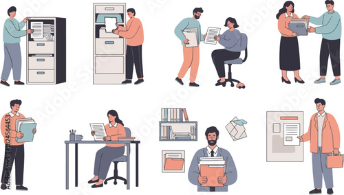 Group of Office Workers Using Filing Cabinets and Computers in Modern Workspace