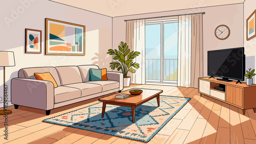 This vibrant living room illustration features a sofa, bookcase, TV, plants, and decorative elements, creating a cozy, organized, and stylish home space ideal for relaxation and leisure.
