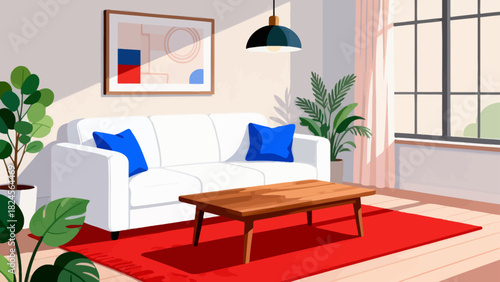 This vibrant living room illustration features a sofa, bookcase, TV, plants, and decorative elements, creating a cozy, organized, and stylish home space ideal for relaxation and leisure.