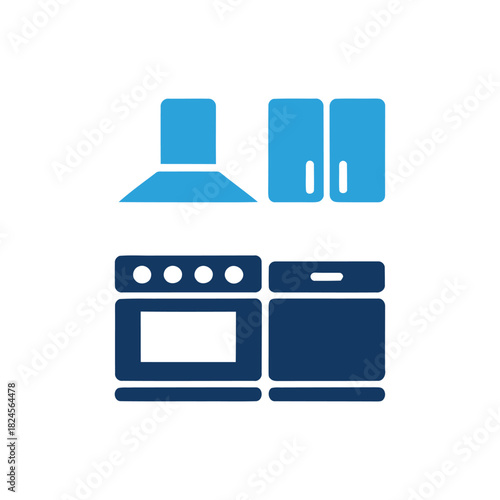 Kitchen appliance icon stove oven hood and cabinets in blue