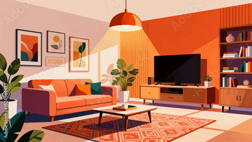 This vibrant living room illustration features a sofa, bookcase, TV, plants, and decorative elements, creating a cozy, organized, and stylish home space ideal for relaxation and leisure.