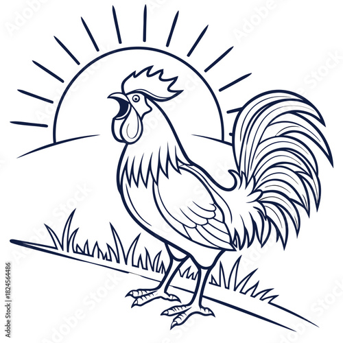 Rooster Crowing at Sunrise on a Grassy Hill dawn