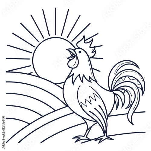 Rooster Crowing Against a Stylized Sunrise and Hills dawn