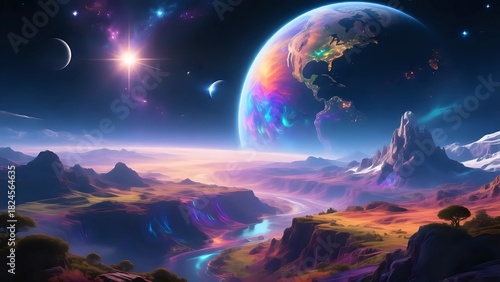 Wallpaper Mural Vibrant Alien Planet Landscape with Rings and Colorful Cosmic Skies Torontodigital.ca