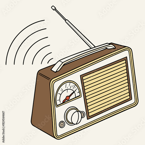 Vintage portable radio with antenna and sound waves Keywords: vintage radio, retro radio