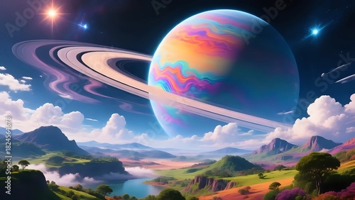 Wallpaper Mural Vibrant Alien Planet Landscape with Rings and Colorful Cosmic Skies Torontodigital.ca