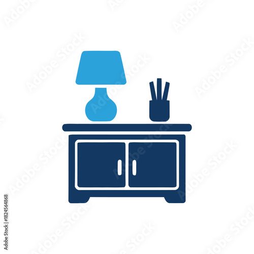 Nightstand with lamp and pens icon in blue tones for interior design