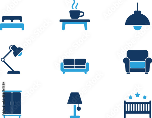 Collection of minimalist furniture icons in blue and white color palette