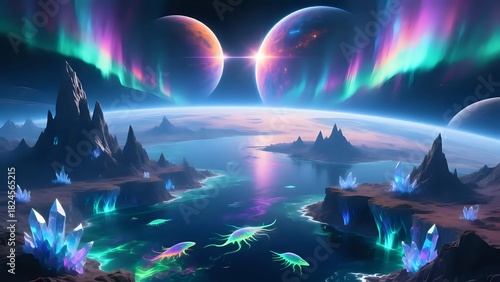 Wallpaper Mural Vibrant Alien Planet Landscape with Rings and Colorful Cosmic Skies Torontodigital.ca