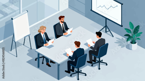 This isometric illustration shows a group of business professionals in suits gathered around a conference table with documents, representing a corporate meeting focused on collaboration and discussion