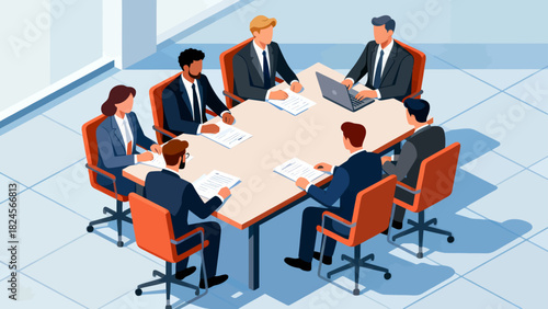 This isometric illustration shows a group of business professionals in suits gathered around a conference table with documents, representing a corporate meeting focused on collaboration and discussion