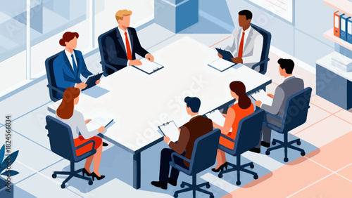 This isometric illustration shows a group of business professionals in suits gathered around a conference table with documents, representing a corporate meeting focused on collaboration and discussion