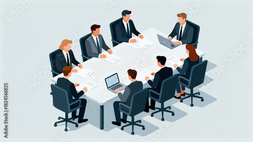 This isometric illustration shows a group of business professionals in suits gathered around a conference table with documents, representing a corporate meeting focused on collaboration and discussion