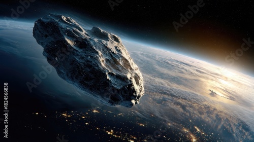 Asteroid Approaching Earth from Space with City Lights Below at Sunset