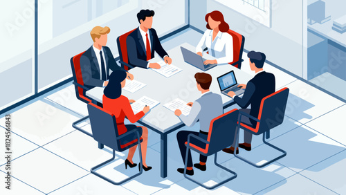 This isometric illustration shows a group of business professionals in suits gathered around a conference table with documents, representing a corporate meeting focused on collaboration and discussion