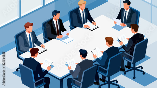 This isometric illustration shows a group of business professionals in suits gathered around a conference table with documents, representing a corporate meeting focused on collaboration and discussion