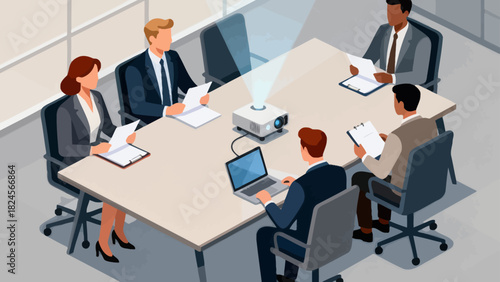 This isometric illustration shows a group of business professionals in suits gathered around a conference table with documents, representing a corporate meeting focused on collaboration and discussion