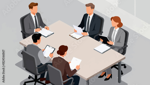 This isometric illustration shows a group of business professionals in suits gathered around a conference table with documents, representing a corporate meeting focused on collaboration and discussion