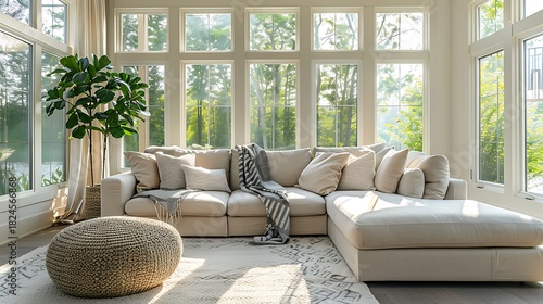Sunlit sunroom with comfortable sectional sofa and large windows