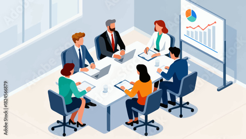 This isometric illustration shows a group of business professionals in suits gathered around a conference table with documents, representing a corporate meeting focused on collaboration and discussion